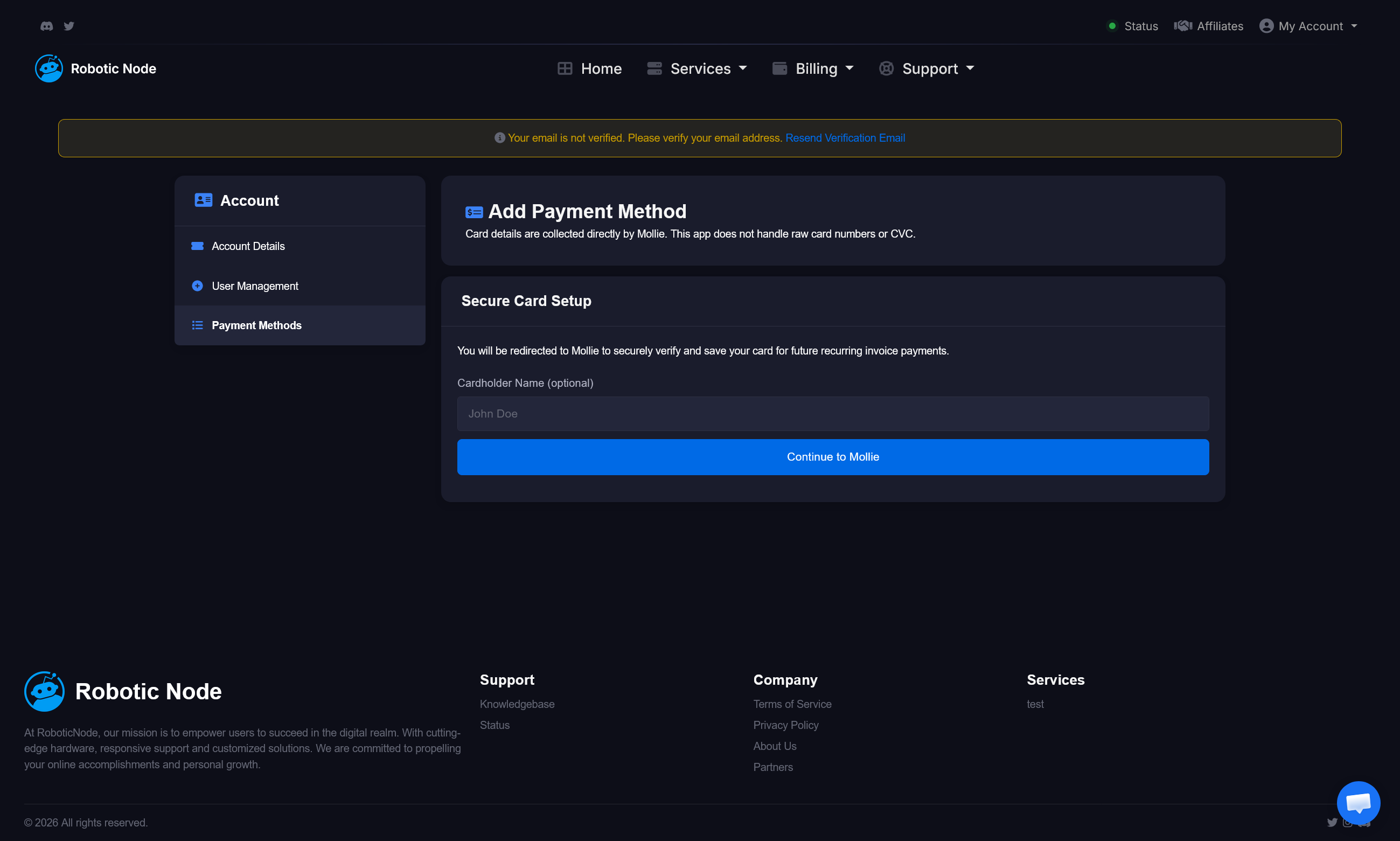 Robotic Node payment method setup screen.